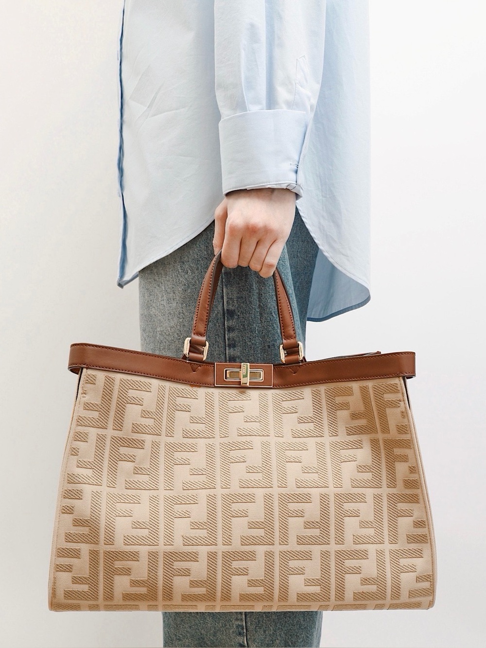 Fendi FF Peekaboo X-Lite Brown Beige Canvas and Leather Tote Shoulder Bag